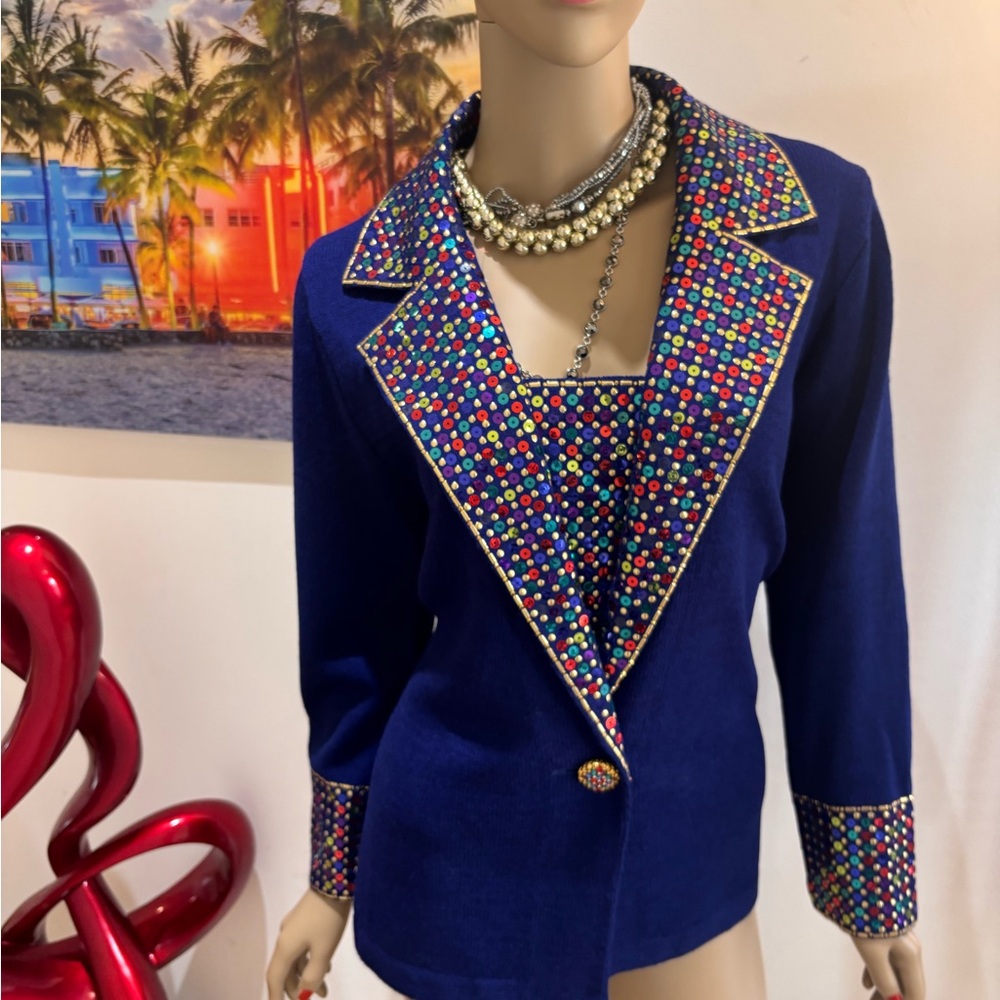St. John royal blue multi  Blazer with Multicolor Sequin Trim paillettes 12 L - Picture 5 of 8